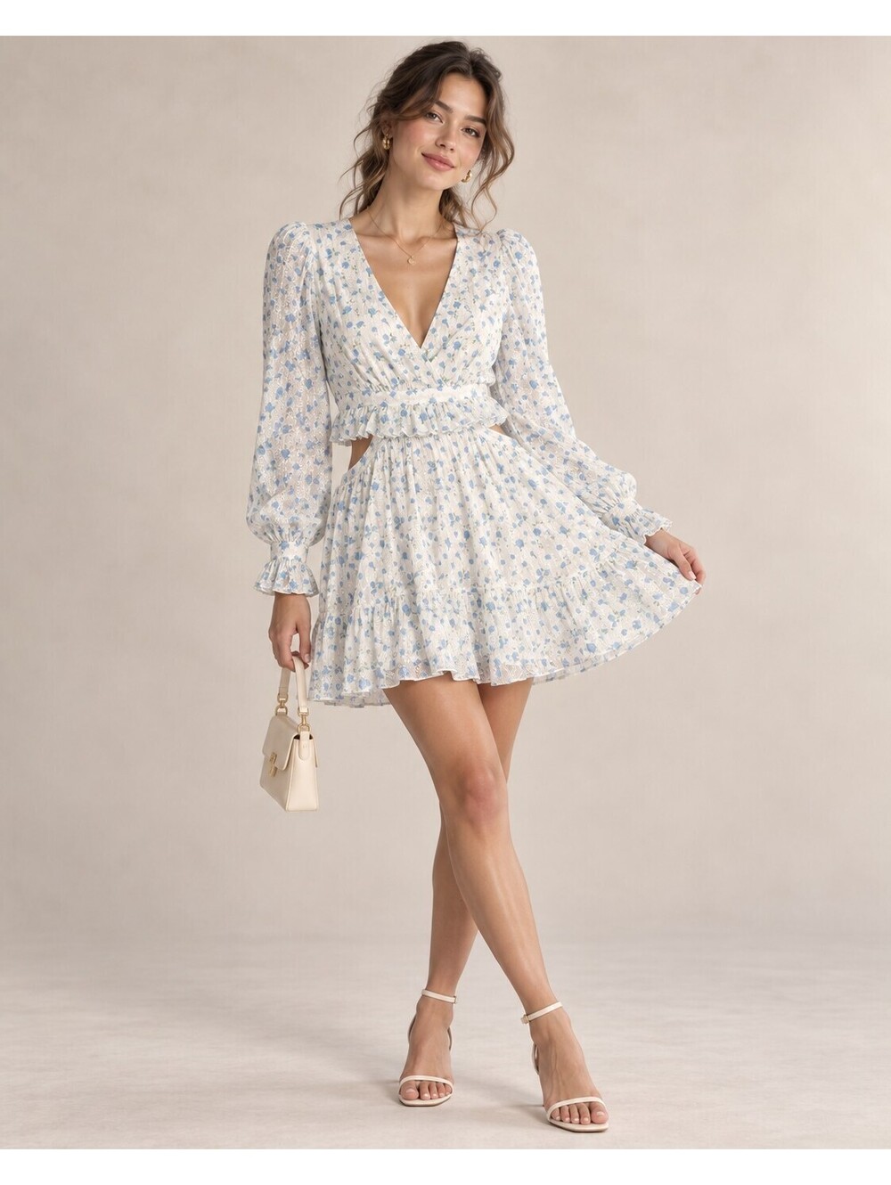 One33 Social Women's Floral Print Mini Dress with Long Sleeves and Cutout Waist